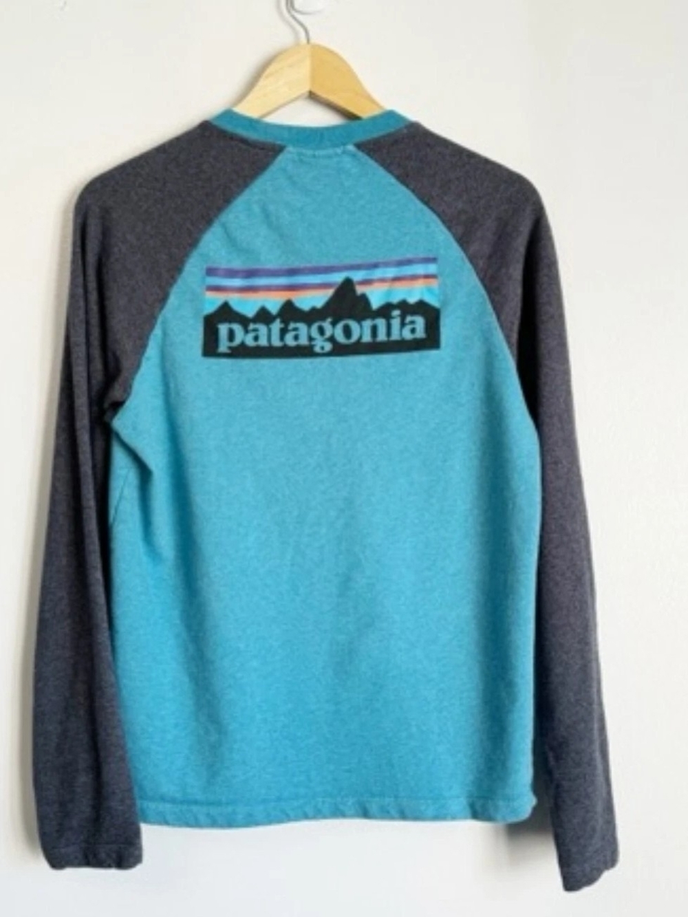 Patagonia P-6 Logo Lightweight Crew Sweatshirt Men's Size Small Blue Raglan